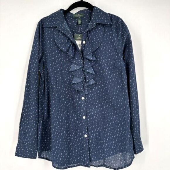 NWT Ralph Lauren Women's Ruffle Geometric Button-Up Shirt Blue Small Office - Picture 1 of 10